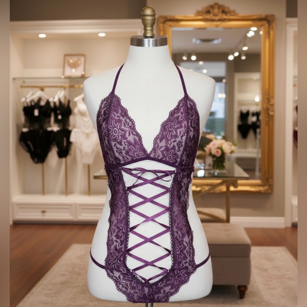 🌬️ Purple Floral Lace Corset Lace-Up Halter Lingerie Set NWT | M-Adjustable